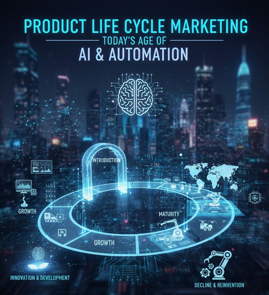 Digital illustration showing the stages of Product Lifecycle Marketing innovation, introduction, growth, maturity, and reinvention integrated with AI and automation technology against a futuristic city background.